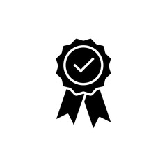 Rosette stamp icon. Simple solid style. Guarantee, warranty, certificate, medal with check mark, ribbon, quality concept. Black silhouette, glyph symbol. Vector isolated on white background. SVG.