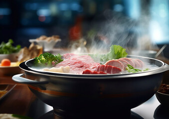 Traditional japanese shabu shabu meal with wagyu beef and vegetables on table.Macro.AI Generative