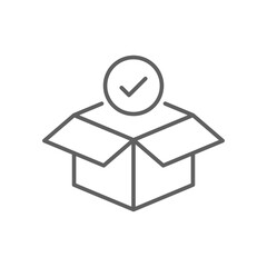 Box check icon. Simple outline style. Receive product, delivery package, open order, cardboard, bulk, unpack box concept. Thin line symbol. Vector isolated on white background. Editable stroke SVG.