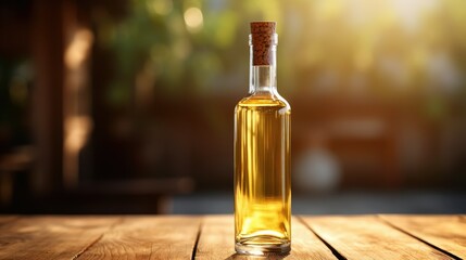 Transparent glass bottle with a cork stopper, filled with golden liquid. Sunlight illuminates the detailed, realistic image, creating a radiant, sparkling effect. The bottle shines with a clear, pure