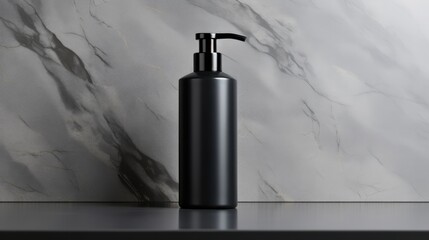 A sleek matte black plastic bottle with a pump dispenser on a marble countertop, reflecting an elegant and modern design. Perfect for beauty, skincare, and personal care products.