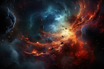 Vibrant nebula, stars, ship and planet on cosmic scene., generative IA