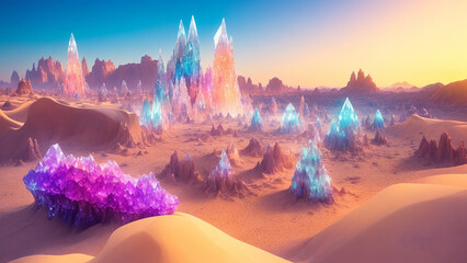Crystaline Desert Oasis Design an otherworldly desert landscape with towering crystal formations that refract sunlight into a breathtaking array of colors - AI Generative