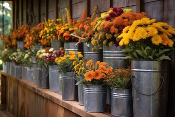 Fototapeta na wymiar galvanized buckets filled with vibrant fall flowers and foliage