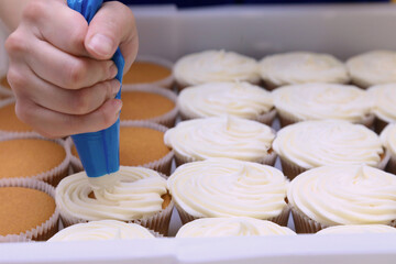 close up of whipped cream piped on to a tray of sponge cakes