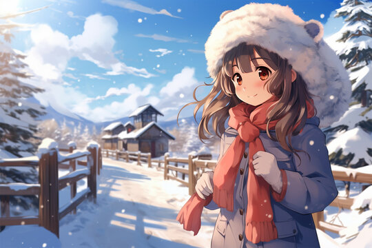 a girl playing in the winter, anime style