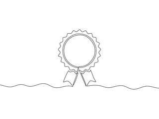 continuous line drawing of award ribbon on white background.