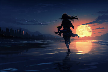 anime style illustration, a ninja girl on the beach at night