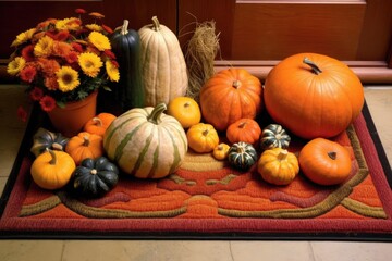 fall-themed welcome mat surrounded by gourds
