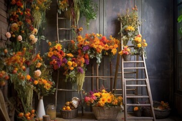Fototapeta na wymiar rustic ladder with hanging baskets of fall florals