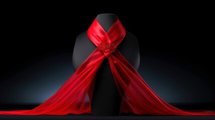Red ribbon on dark background, World AIDS Day, concept of helping those in need, Generative AI illustration