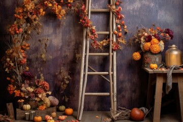 decorative wooden ladder draped in fall garlands