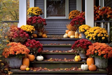 porch steps lined with mums in a variety of autumn colors