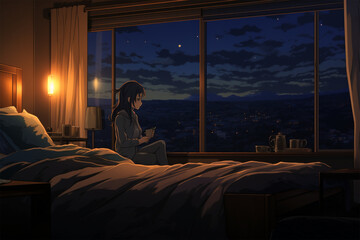 anime style illustration, a girl on a bed