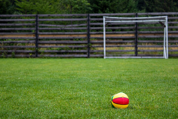 Ball for Playing with Children on a Football Field With Natural Turf. Ball Against the Background of a Football Goal on a Sunny Day Outdoors