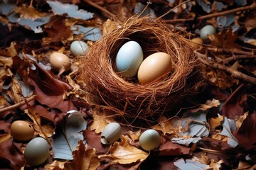 nest on the ground with cracked eggshells beside it