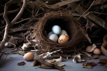 nest on the ground with cracked eggshells beside it