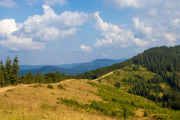 Carpathian Mountains. Mountain Trail in the Carpathians, Ukraine. Walking and Hiking Routes Along the Ridge. Carpathian Terrain in Summer