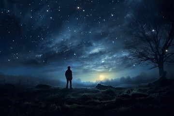 Fototapeta premium background of a person on the hill looking at the night sky anime style