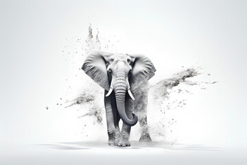 A elephant running toward the camera, with gray splash behind him,  AI GENERATED