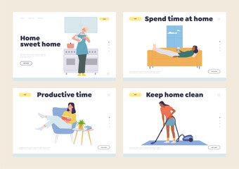 Isolated set of landing page design template promoting daily life home rest routine on weekend