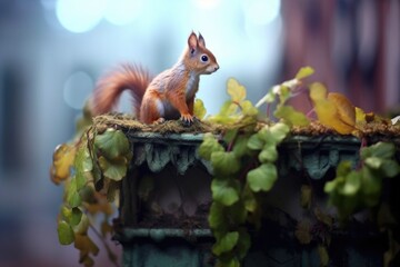 squirrel perched on leaf-filled gutter
