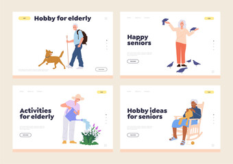 Set of landing page design template advertising different hobby activity for retired people