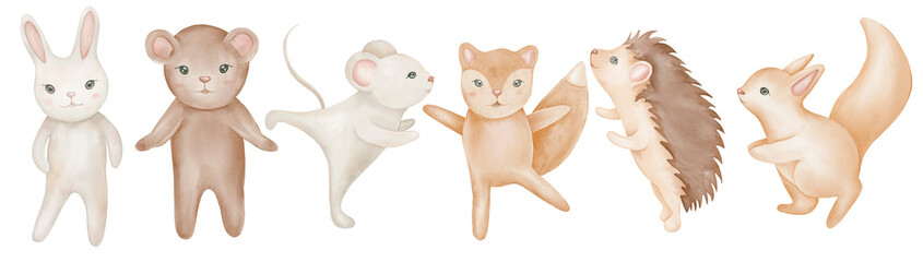 Christmas set with isolated cute forest animals. Illustration for kids, X-mas holidays.