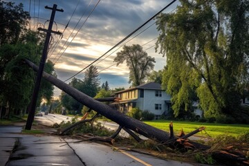 fallen tree on broken power line post-storm
