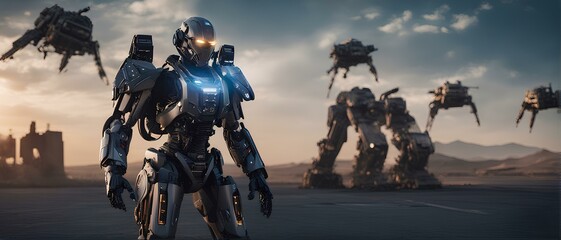 3D rendering of a robot on a spaceship in the desert. Exoskeleton and AI Concept 