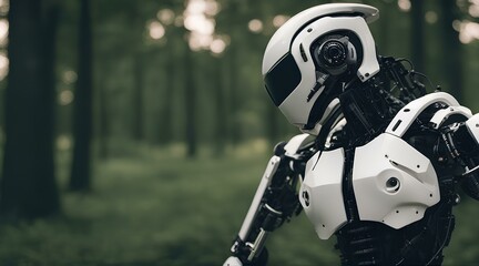 Cyborg robot in the forest. Concept of future technology and artificial intelligence.