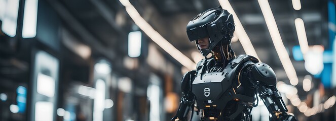 Side view of male cyborg in black helmet looking at camera in warehouse. Exoskeleton and AI Concept 