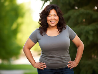 Fototapeta premium Slightly Overweight Asian Woman in a Relaxed Park Setting, Finding Comfort in the Outdoors