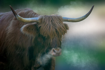 close-up of a Scottish Highland Cow on a cold day blowing steam