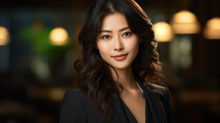 Obraz premium Asian Business woman: Portrait of a Professional in Elegant Black Attire, Radiating Confidence