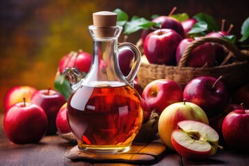 Obraz na płótnie Canvas apple cider vinegar in a glass bottle with apples