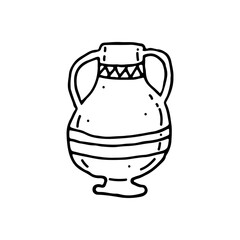 Antique vase with ornament. Vessel made of baked clay, ceramics. Household dishes. Doodle. Vector illustration. Hand drawn. Outline