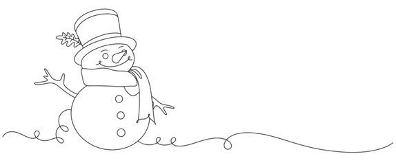 line art drawing of christmas Snowman in hat with scarf. Cute Winter character in doodle style. Liner Vector illustration