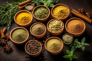 Assortment of natural ayurvedic spices on dark rustic stone background, Healthy spice concept. AI Generative.