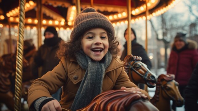 A child riding a merry go round