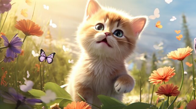 A kitten standing on its hind legs in a field of flowers