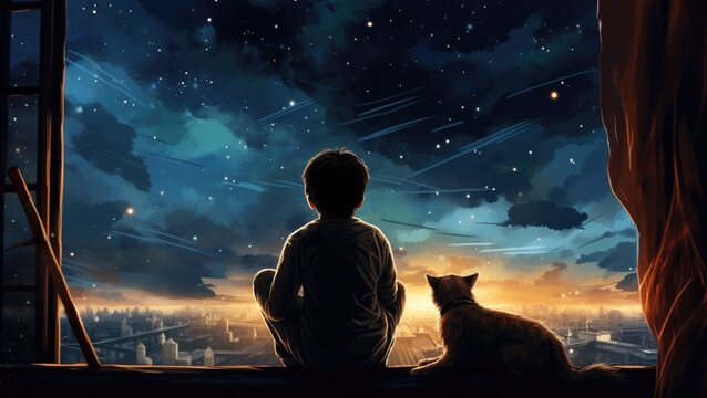 A boy sitting on a window sill looking at a cat
