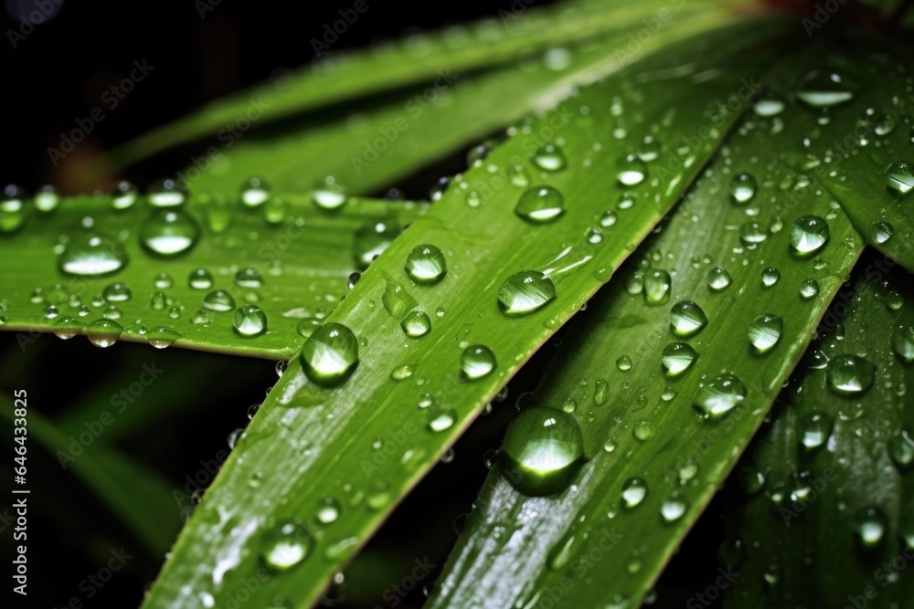 Poster close-up of water droplets on rice plant leaves