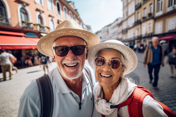 Obraz premium Joyful senior couple taking a selfie in a bustling European city square. Travel and retirement lifestyle concept. Portrait for holiday memories and senior travel guides.