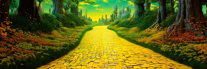 Yellow Brick Road Leading to the Enchanted Springtime Emerald City in Oz - A Fantasy World of Magicians, Majestic Buildings and Seasonal Beauty - obrazy, fototapety, plakaty