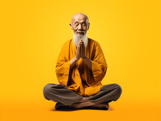 moine chinois assis en tailleur en train de méditer - fond jaune