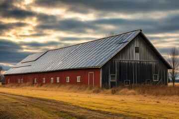 Obraz premium rows of solar panels on a large rural barn roof