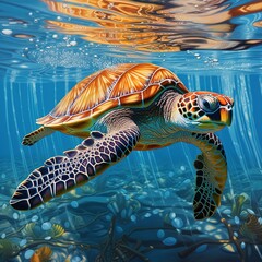 Sea turtle in the blue sea.