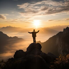 A man stands on the edge of a cliff with his hands on his side . Silhouette against the sky.
