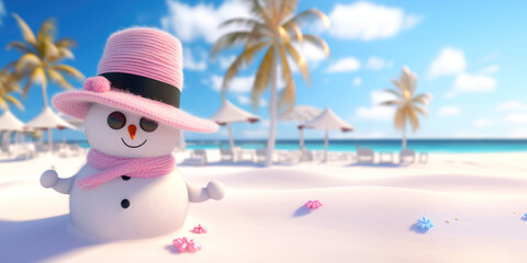 Cute funny girl pink snowman wearing pink hat and scarf on white sandy beach by ocean. Picturesque island, palm trees, blue sky and horizon. New Year and Christmas